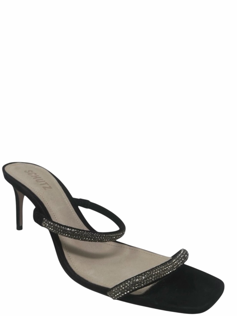 Schutz Taleen Black Crystal Strap Open Square Toe Heeled Mules 9 Evening